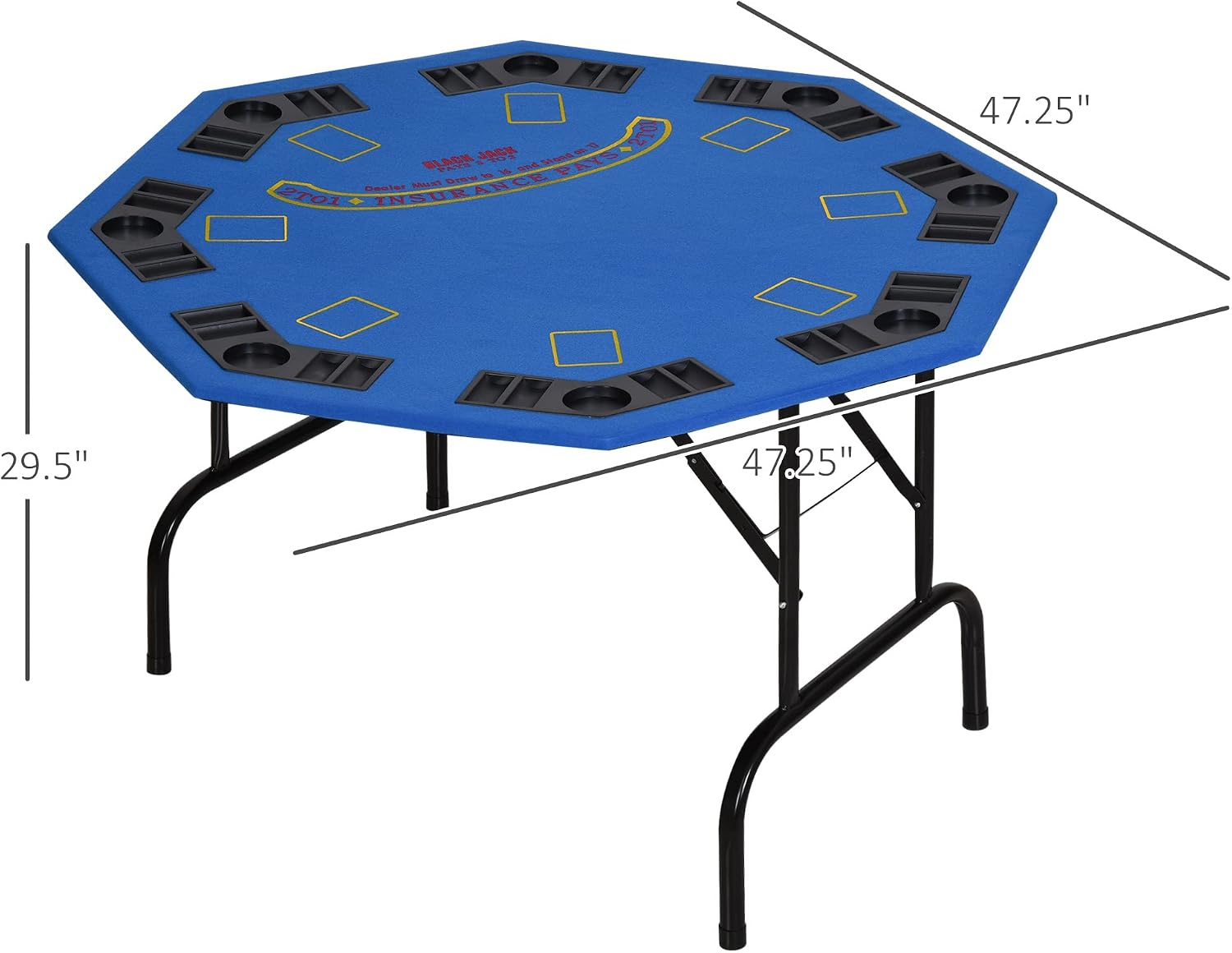 Soozier Poker Table Foldable 47" Octagon 8 Players Cup Holders Blue Felt