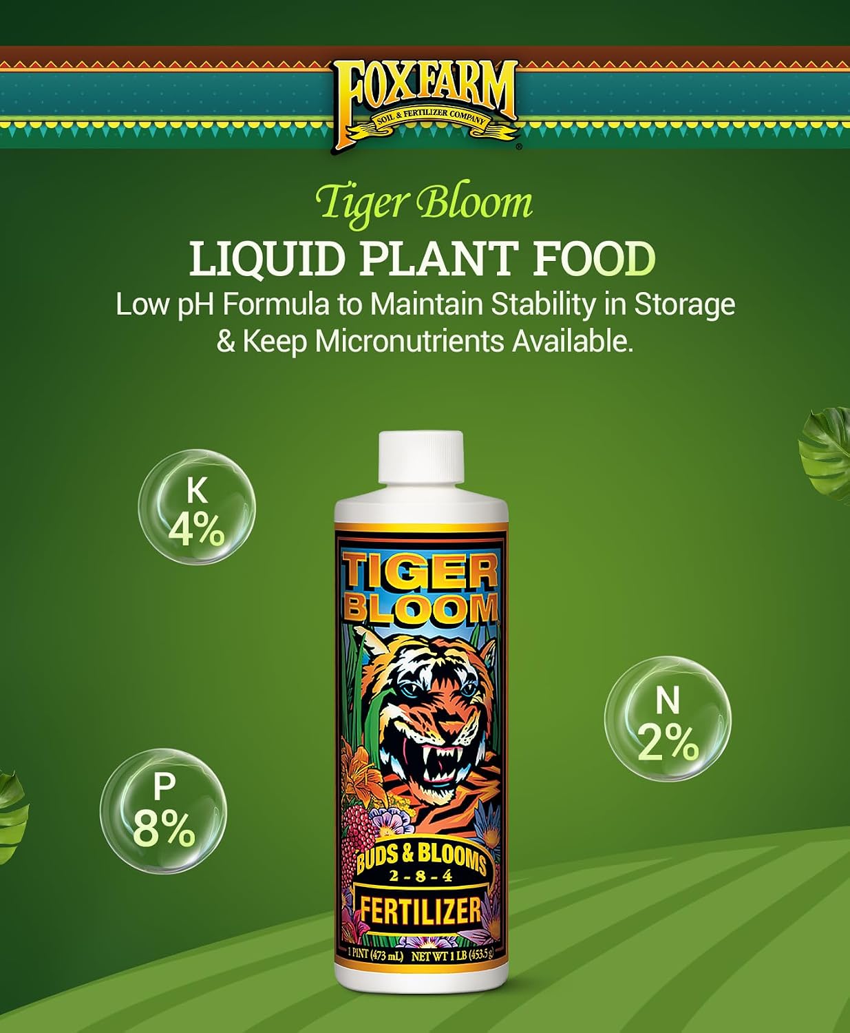 FoxFarm Tiger Bloom Liquid Plant Food - Phosphorus Fertilizer for Buds, Blooms & Flowering - Supports Soil & Hydroponic Systems - High Micronutrient Formula with 2-8-4 Nutrient Ratio - 1 Quart