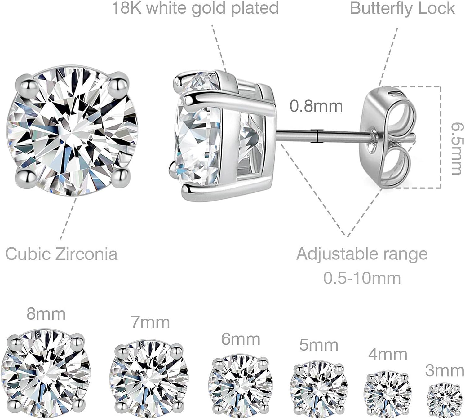18K White Gold Plated Round Cubic Zirconia Stud Earrings Pack, 6 Pairs