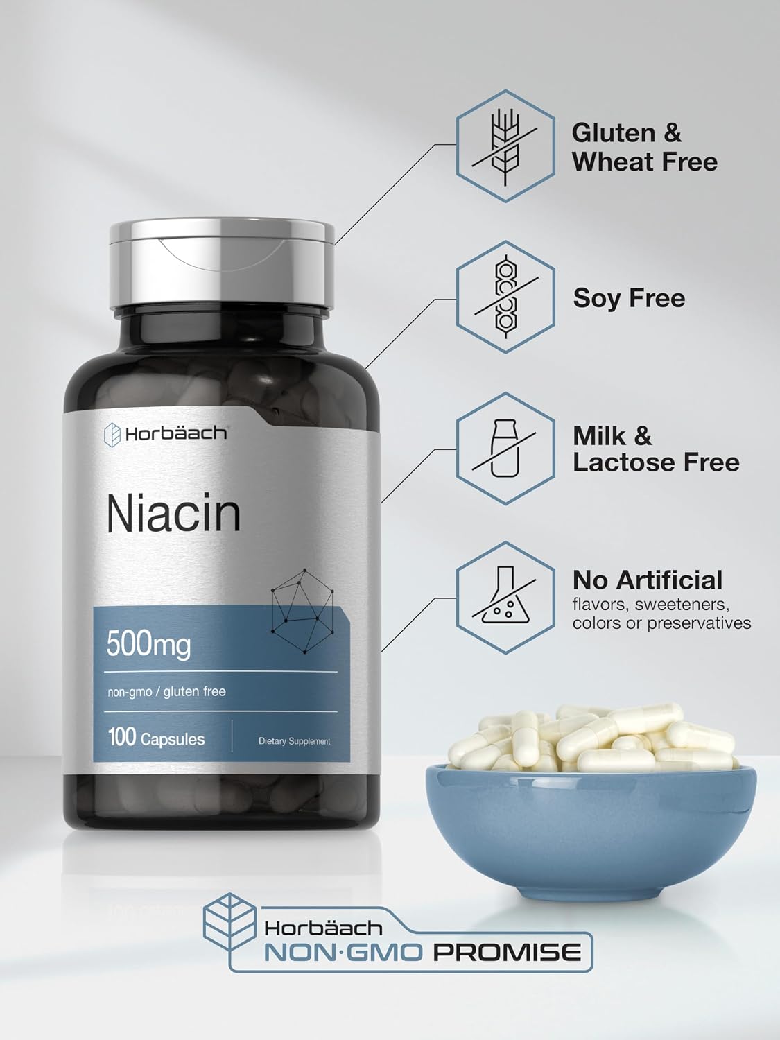 Horbäach Niacin | Vitamin B3 500mg | 100 Capsules | with Flushing | Non-GMO, and Gluten Free Supplement