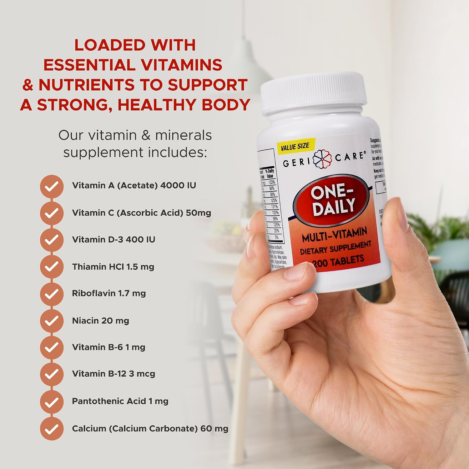GeriCare One-Daily Multi-Vitamin Tablet, 100 Count Adult Multivitamin Supplement | Easy-to-Take Dietary Supplement with Vitamins A, C, D3, B, Calcium| Vitamin & Mineral Complex (2 Pack)