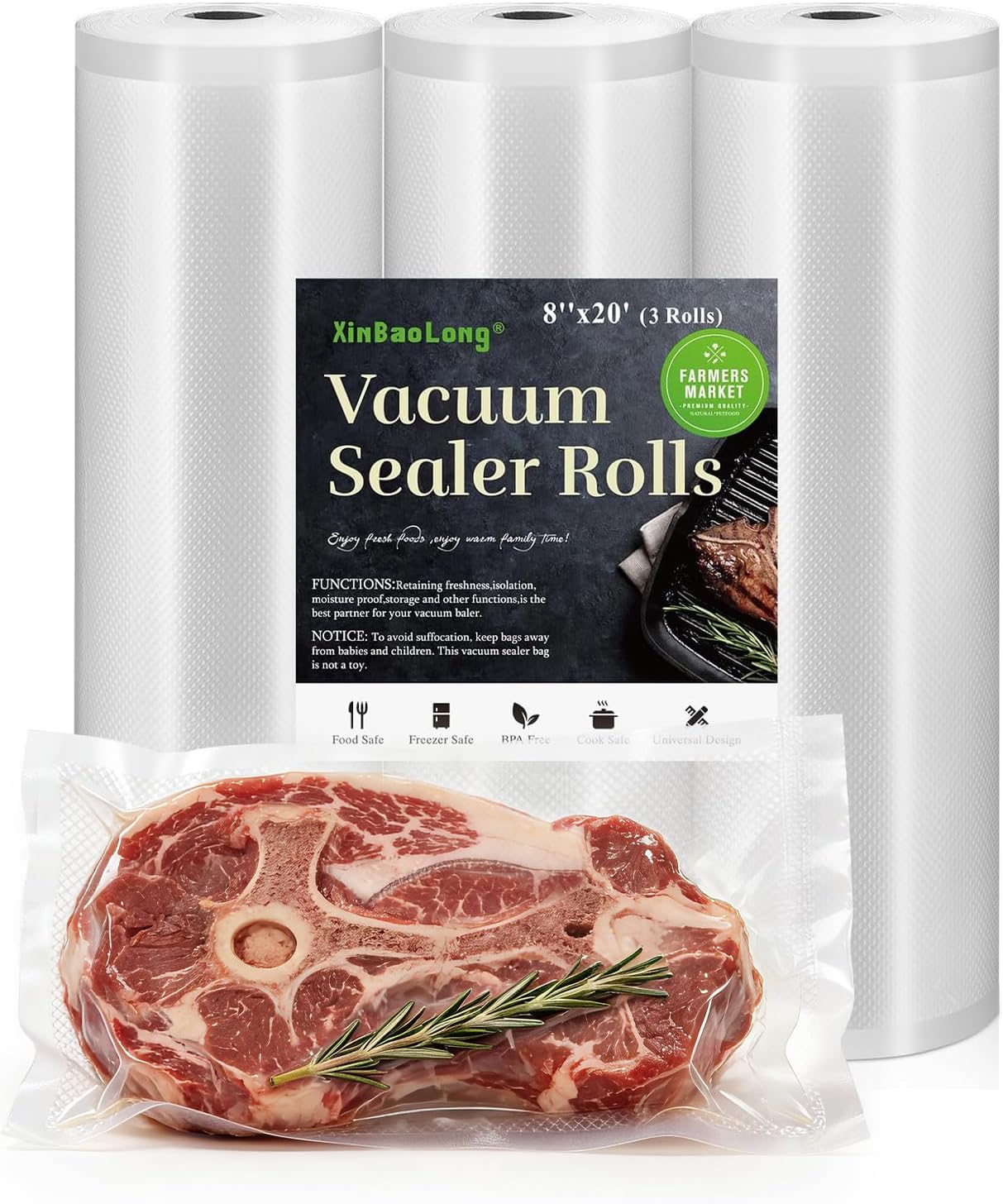 Kitchen Essentials, Vacuum Sealer Bags Rolls, 8in x 20ft, 2 Pack