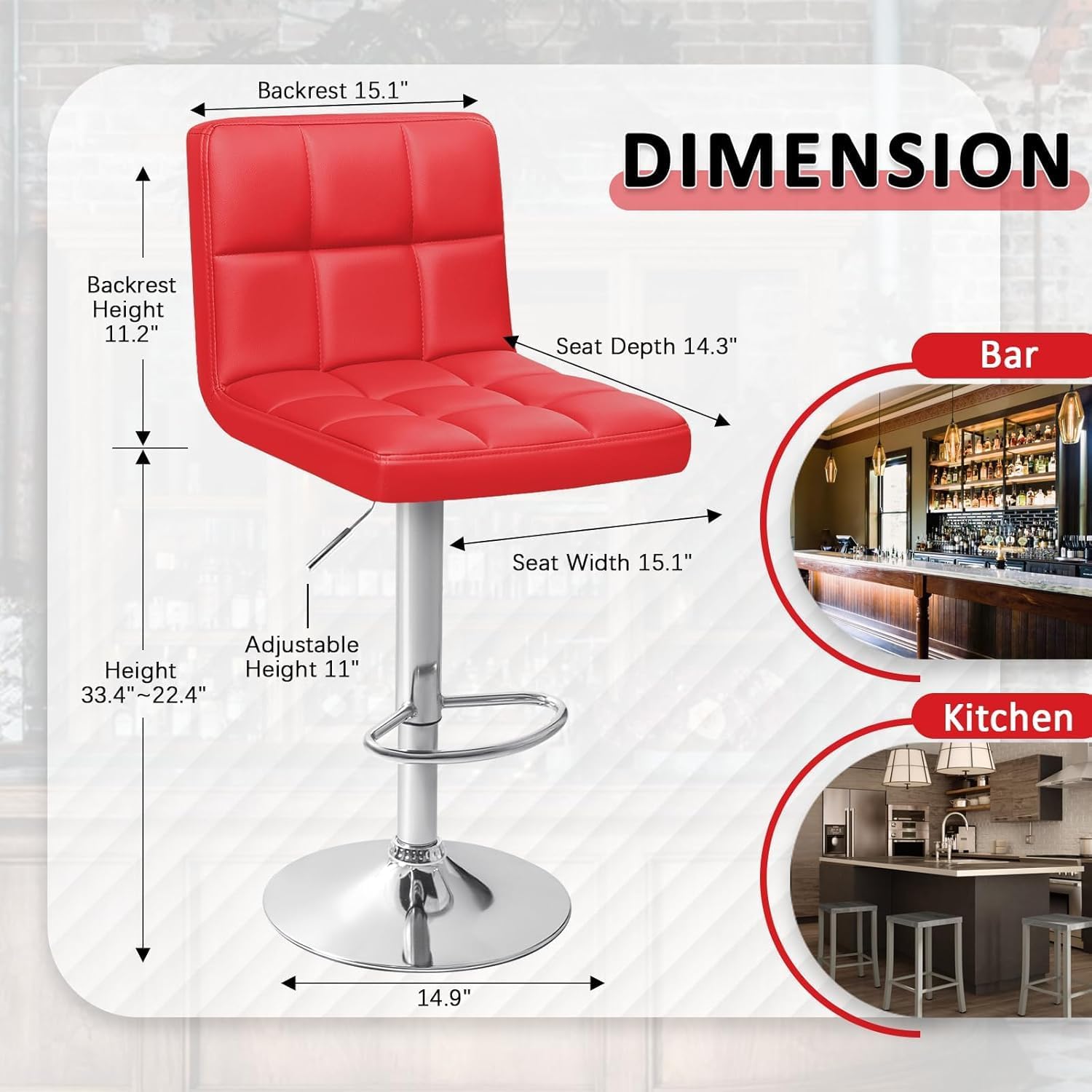 Homall Bar Stools Modern PU Leather Adjustable Swivel Barstools, Armless Hydraulic Kitchen Counter Bar Stool Extra Height Square Island Barstool with Back Set of 2 (Leather, White)