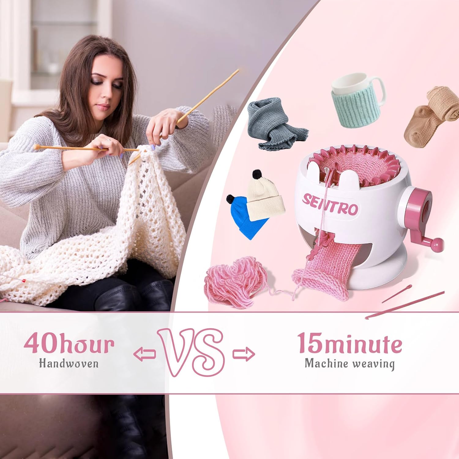 FYGAIN SENTRO Knitting Machine 40 Needles, Automatic Circular Knitting Crochet Machine for Kids/Adults