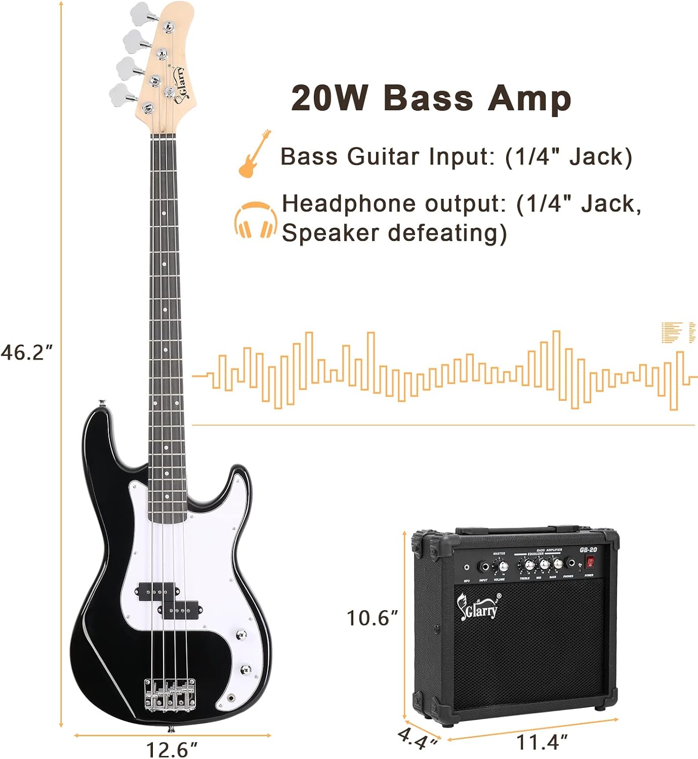 GLARRY Full Size Electric Bass Guitar Beginner Kit 4 String Exquisite Basswood Bass with 20W AMP, Cable, Strap, Bag and Accessories (Transparent Blue, 39"Right Handed)