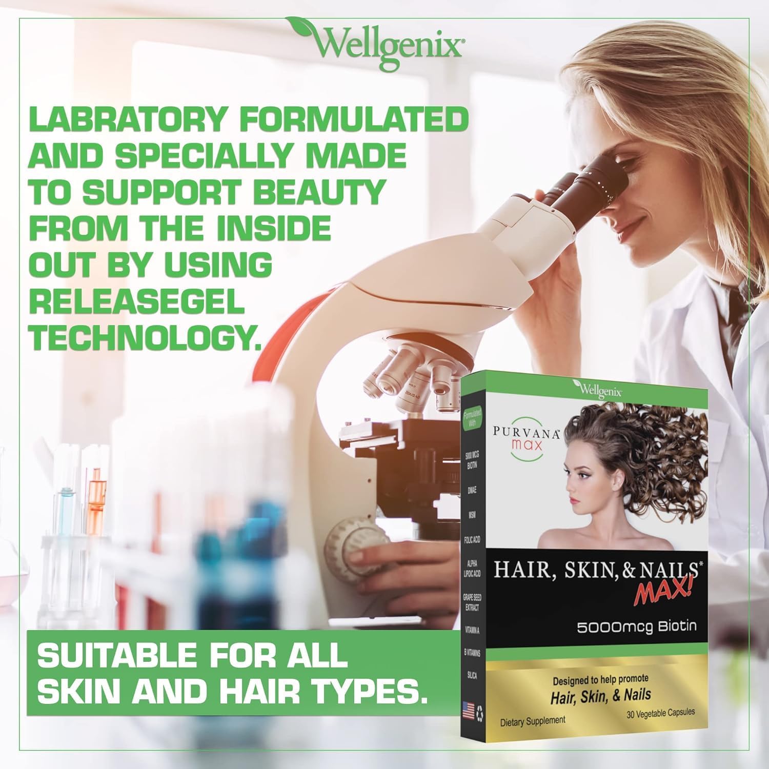 Wellgenix Purvana MAX Hair Skin and Nails Supplement – 5000mcg Biotin with MSM & B-Complex – Support for Thicker Hair, Stronger Nails & Glowing Skin – 30 Veggie Capsules | Biotin, MSM & hyaluronic acid in vegetable capsules for thicker, fuller hair, stro…