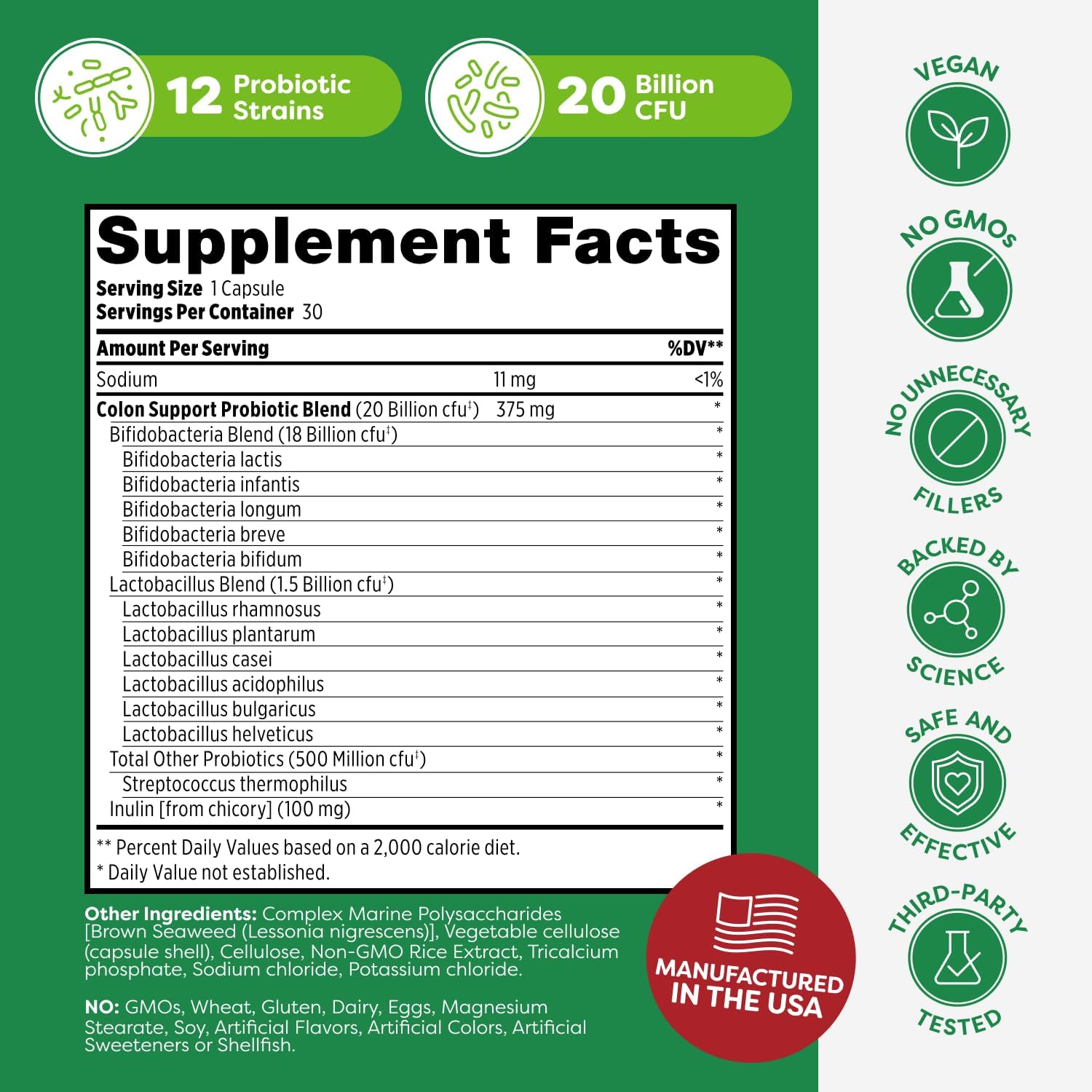 Probulin Colon Support Daily Probiotic + Prebiotic + Support Gut Health, Occasional Gas and Bloating - 20 Billion CFU - 12 Strains, 30 Vegan Capsules