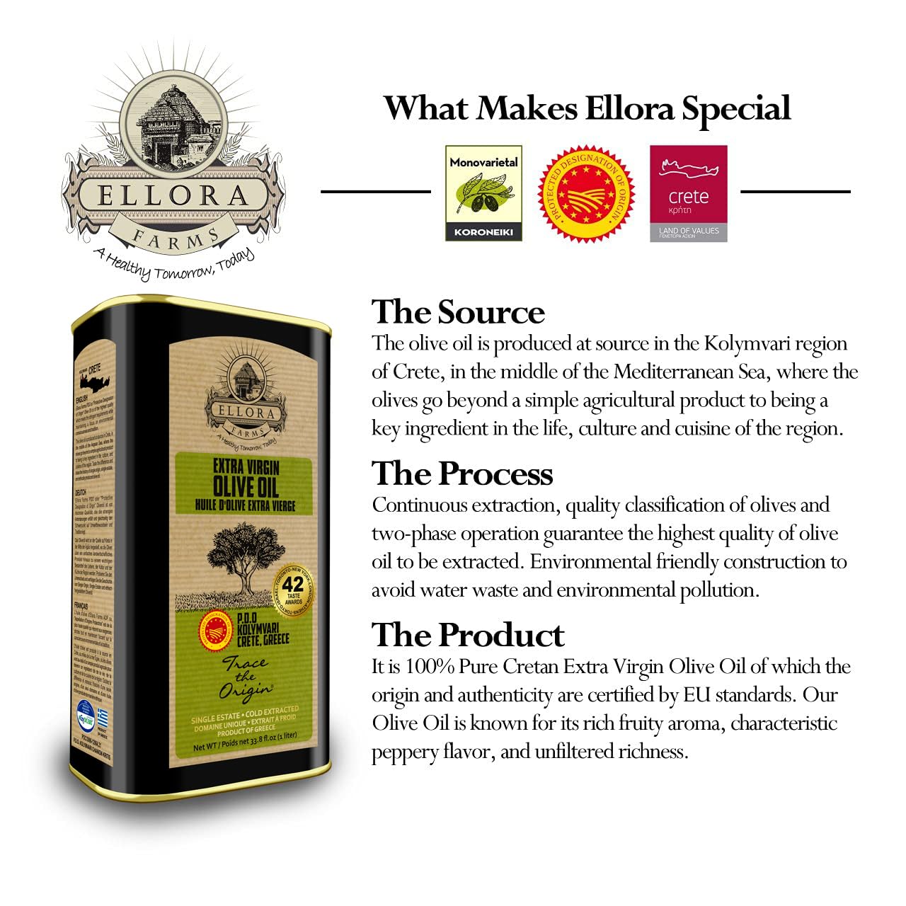 Ellora Farms Olive Oil Extra Virgin, Traceable & Certified PDO Polyphenol Rich Extra Virgin Olive Oil Cold Pressed, Global Gold Awards, Kosher, Single Origin from Crete, Greece 33.8 Fl oz, Pack of 2