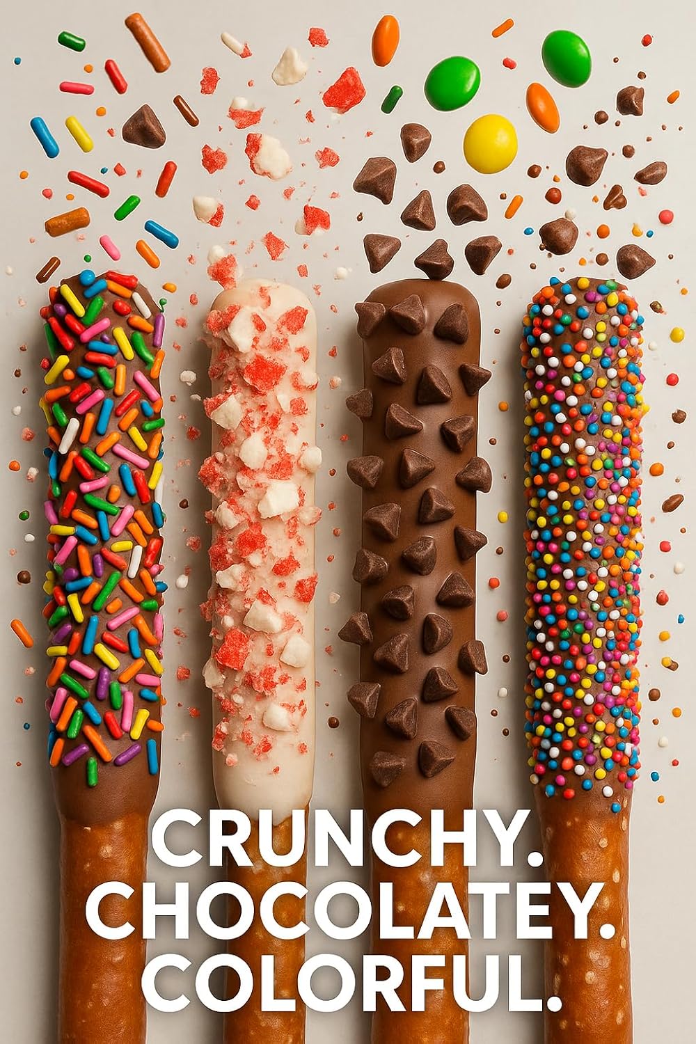 Chocolate Covered Pretzel Rods Gourmet Pretzel Sticks with Rainbow Sprinkles & Assorted Toppings Bulk 50 pack Individually Wrapped Chocolate Covered