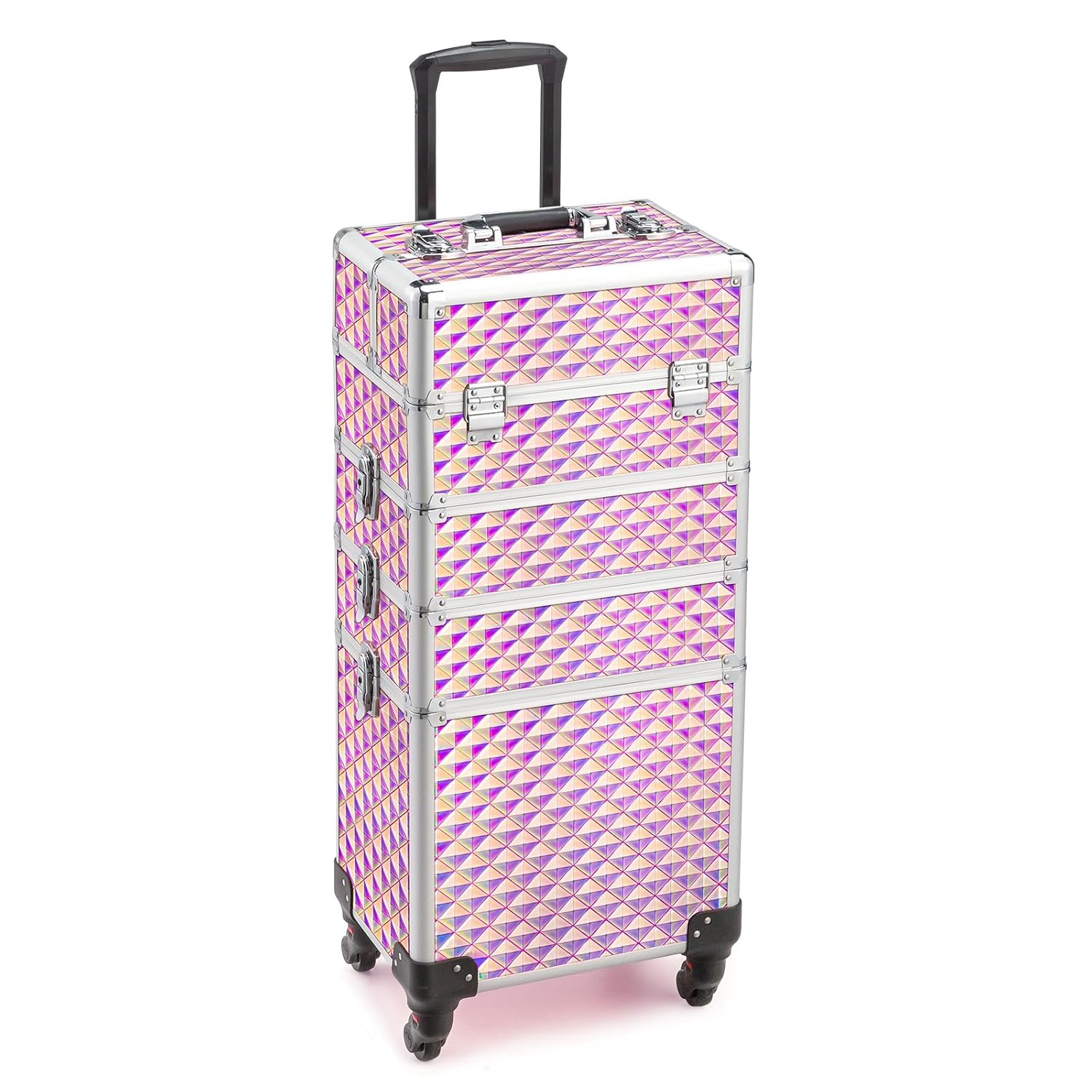 mefeir 4 in 1 Rolling Makeup Train Case, Aluminum Makeup Travel Organizer Cosmetic Case, Cosmetology Display Suitcase on Wheels, Beauty Storage Luggage Lockable w/4 Removable Wheels (Black)