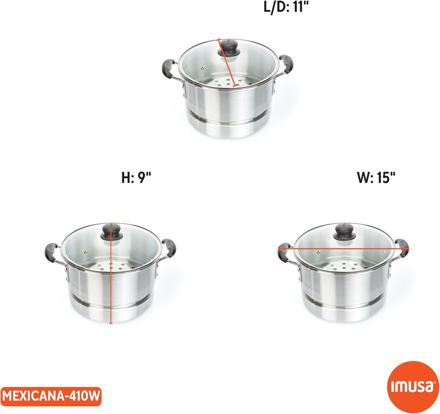 IMUSA USA MEXICANA-410 Aluminum Steamer with Glass Lid 10-Quart, Silver, 10Qt | Brushed Finish, Cool-Touch Handles with Glass Lid, Ideal for Tamales, Great for Family Meals