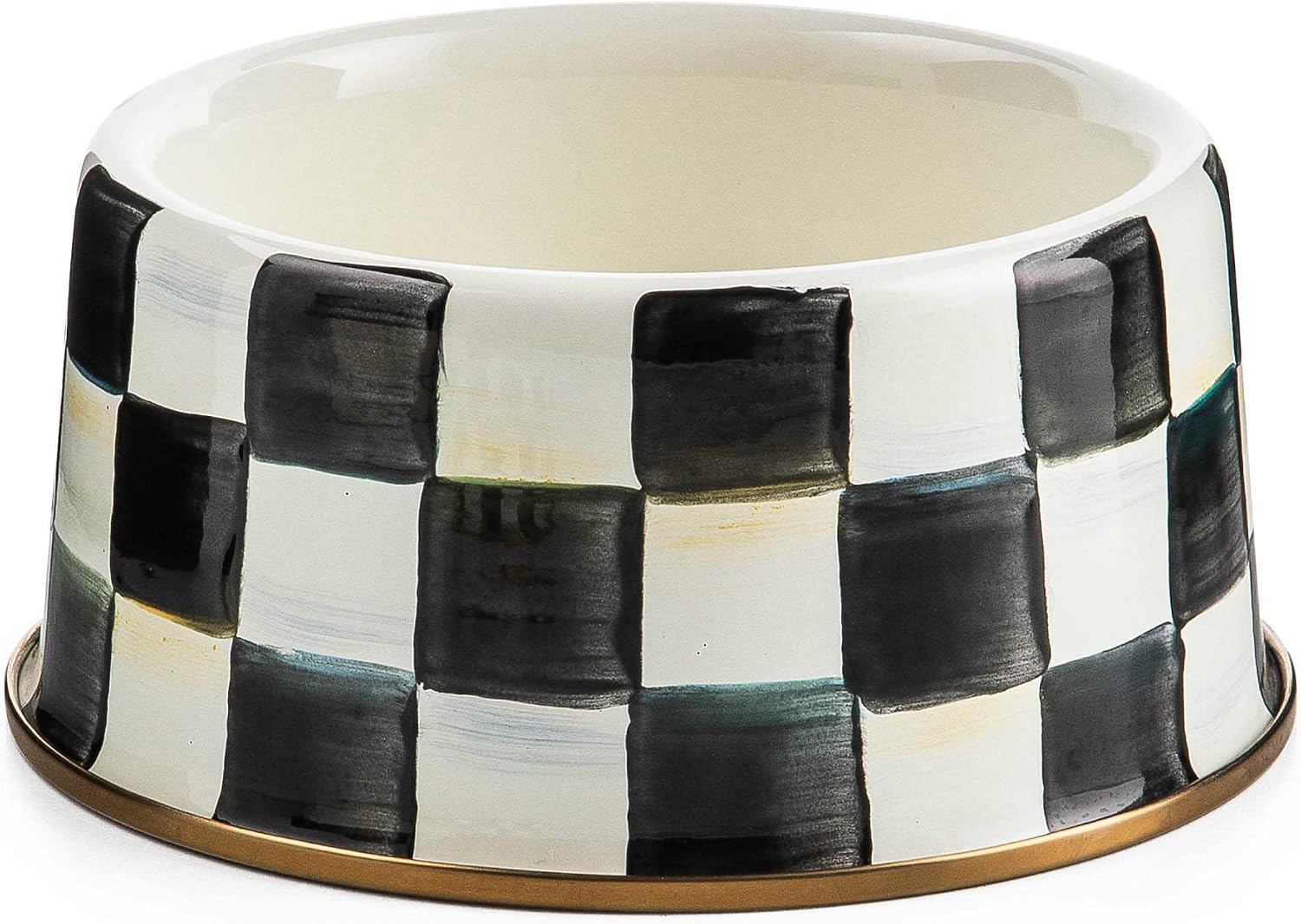 MACKENZIE-CHILDS Enamel Pet Dish, Large, Black-and-White Courtly Check | Decorative cat and dog bowl for food and water, 40-ounce capacity
