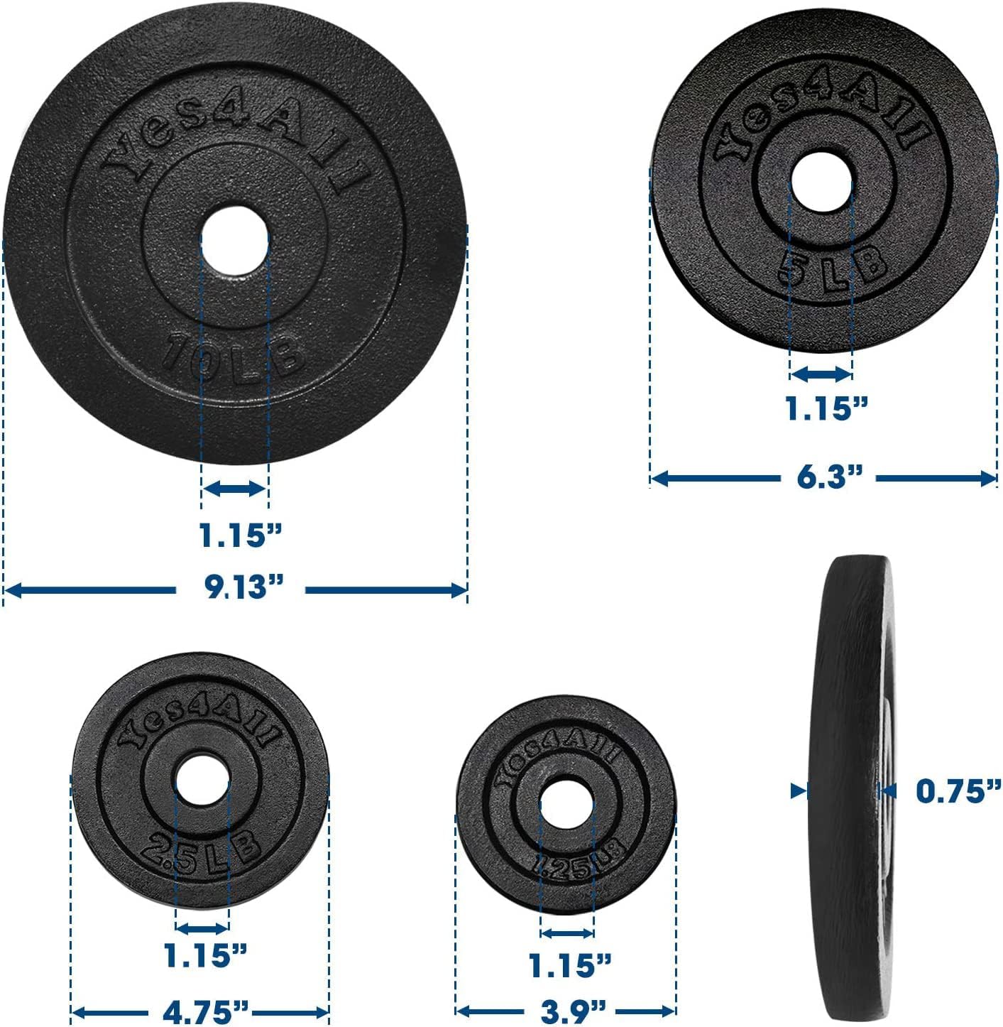 Yes4All Cast Iron Weight Plates, 1.15-Inch Standard Hole Weight Plate Set of 4 & 8, Fits Dumbbell Handles for Strength Training