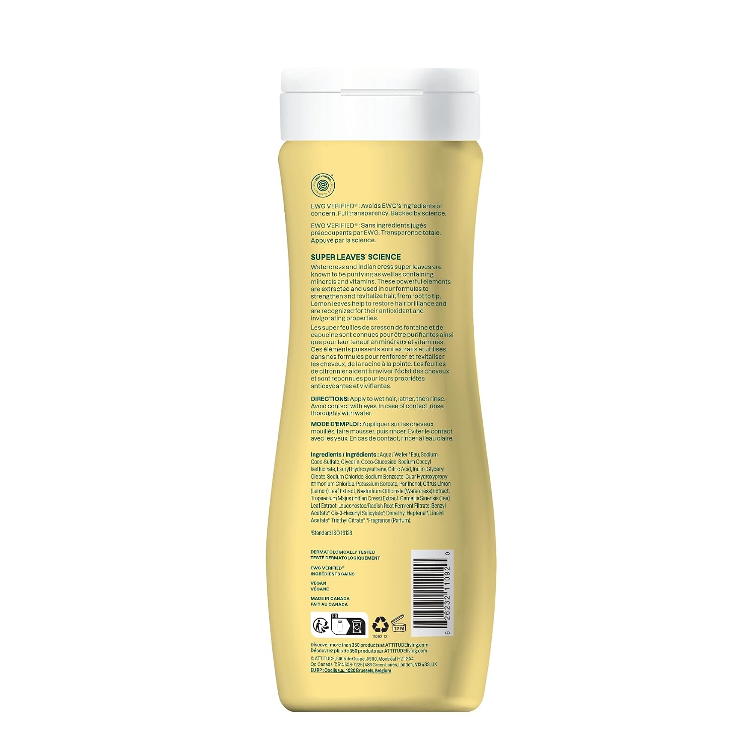 ATTITUDE Clarifying Hair Shampoo, EWG Verified, Restores Shine, Naturally Derived Ingredients, Vegan and Plant Based, Lemon Leaves and White Tea, 16 Fl Oz
