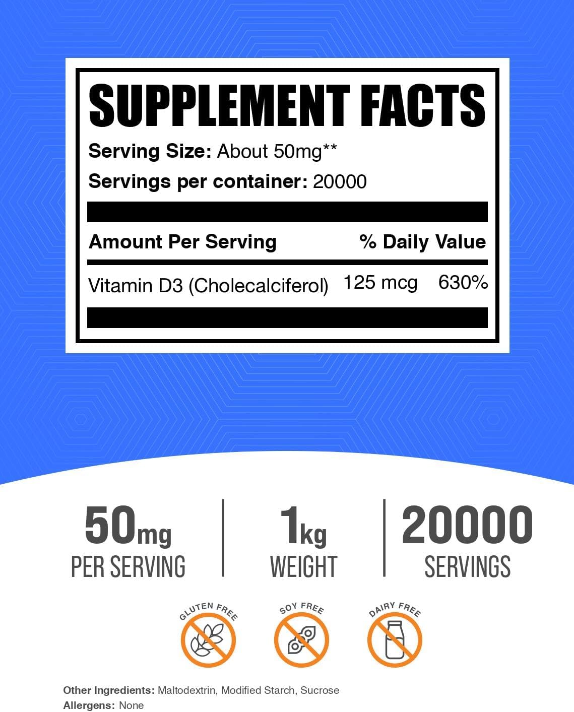 BulkSupplements.com Vitamin D3 Powder - Cholecalciferol, Vitamin D Supplements, 5000 IU - Gluten Free, 50mg (125mcg of Vitamin D3) per Serving, 250g (8.8 oz) (Pack of 1)