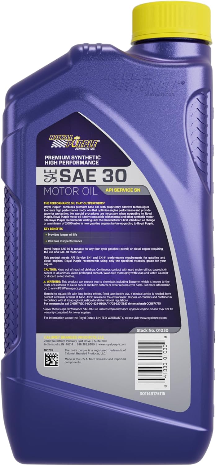 Royal Purple 51530 API-Licensed SAE 5W-30 High Performance Synthetic Motor Oil - 5 qt., Model:ROY51530