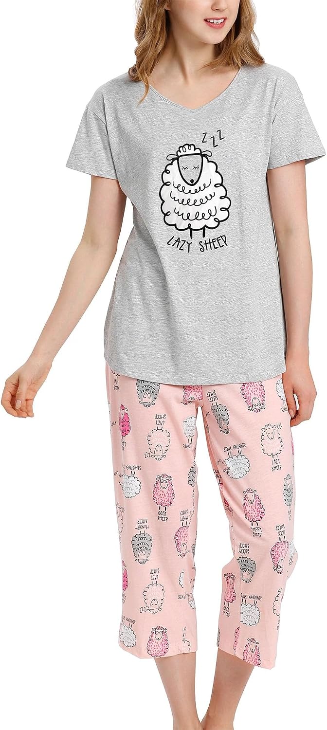 ENJOYNIGHT Womens Pajama Set Cotton Short Sleeve Top With Capri Pants Pj