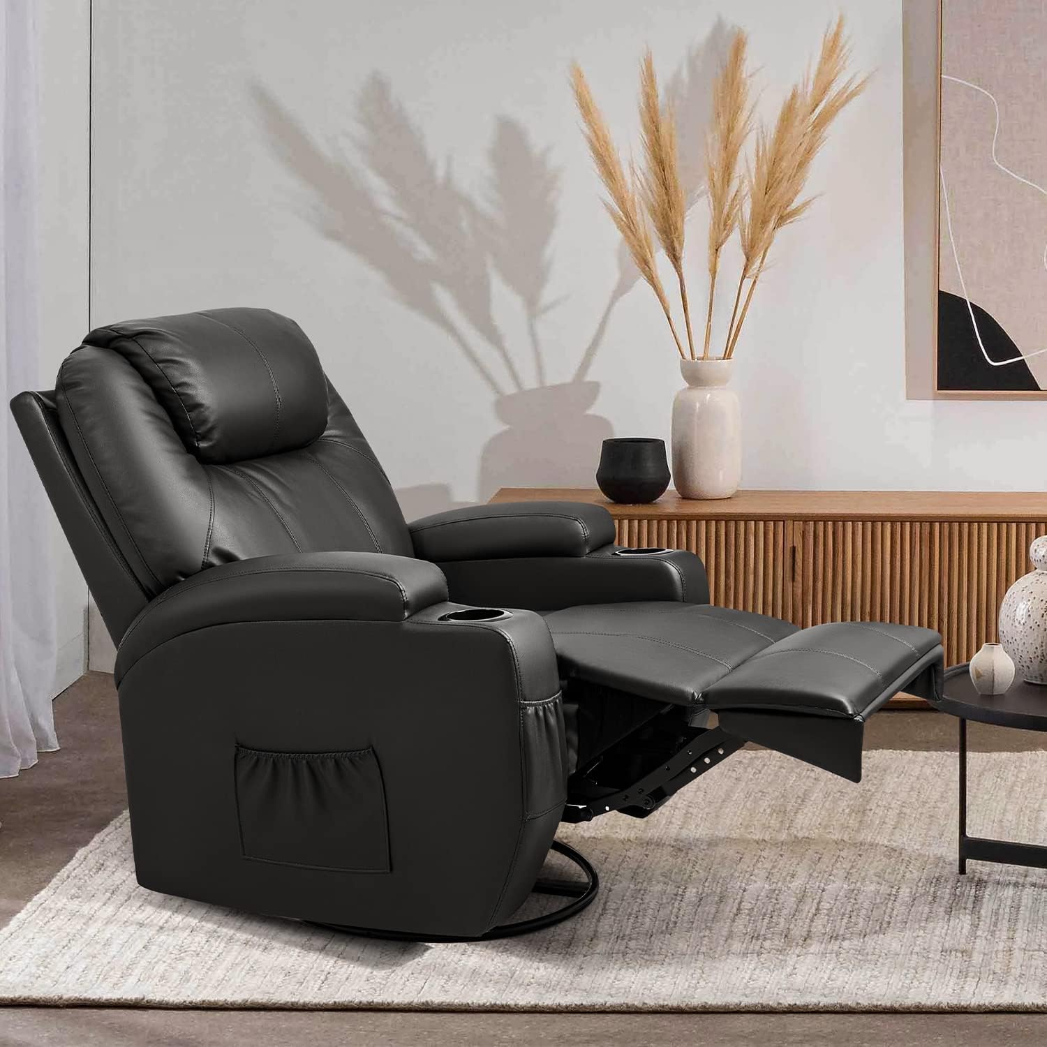 Furniwell Rocker Recliner Chair with Massage for Elderly, Leather Adjustable 360°Swivel Rocking Sofa for Living Room with Remote Control