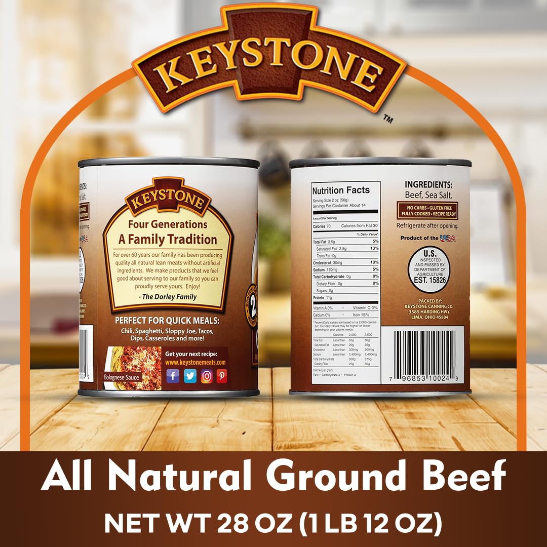 Keystone Meats All Natural Heat and Serve Ground Beef 14 oz – Fully Cooked Canned Meat – Ready to Eat – 5-Year Shelf Life – Pantry Staple for Everyday Meals, Emergency Survival Canned Food – Made in USA – Pack of 3