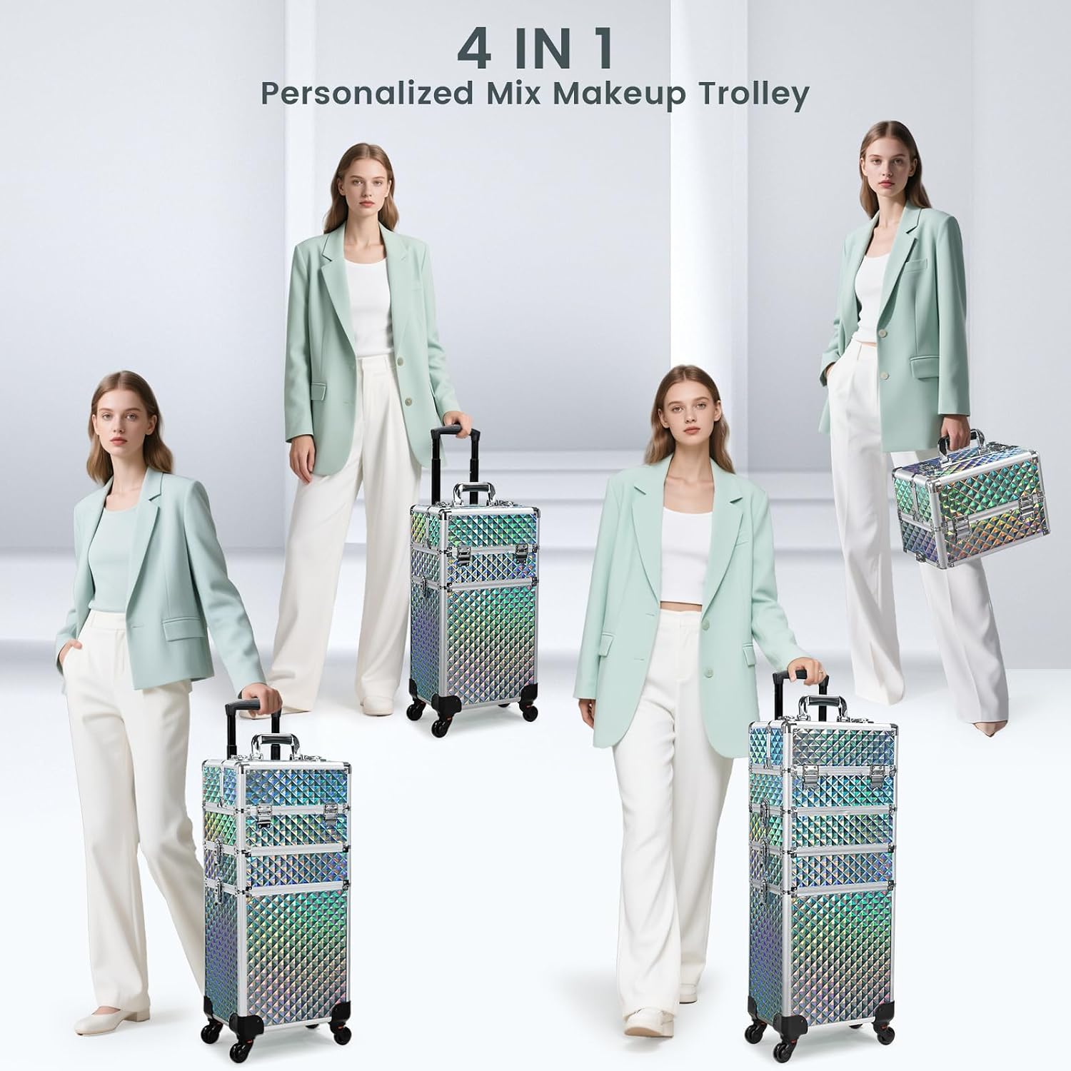 Stagiant Rolling Makeup Case Cosmetology Case on Wheels 4 in 1 Large Cosmetic Organizer Train Case Makeup Travel Case with Key Swivel Wheels Nail