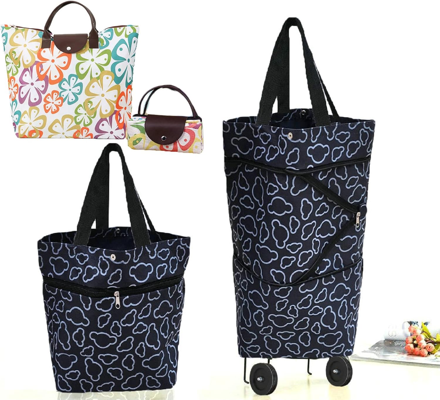 Collapsible Shopping Bag with Wheels Portable Shopping Cart with 360° Swivel Wheels Rolling Tote Bag Reusable Grocery Bag Trolley Bag on Wheels for Travel Shopping and Daily Use(Blue)