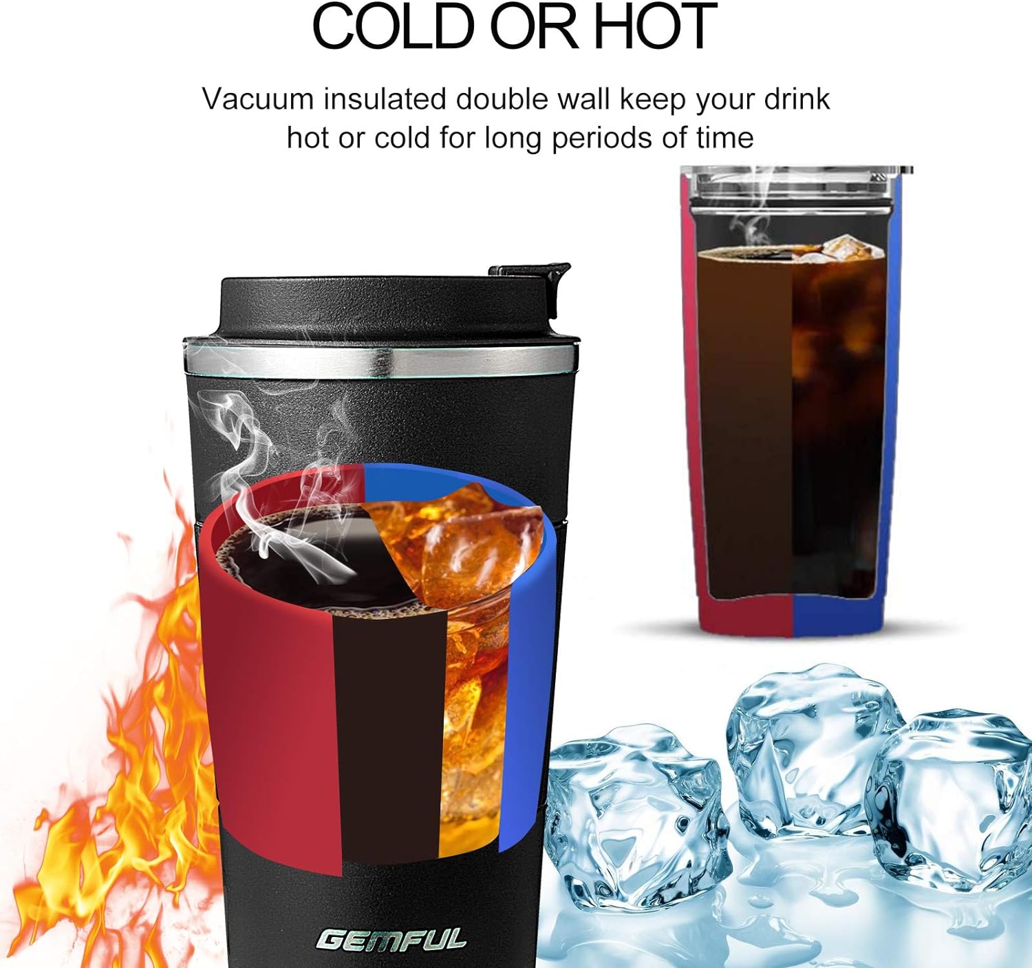GEMFUL 2 Pack 17oz Insulated Travel Coffee Mug with Lid (Black/White)