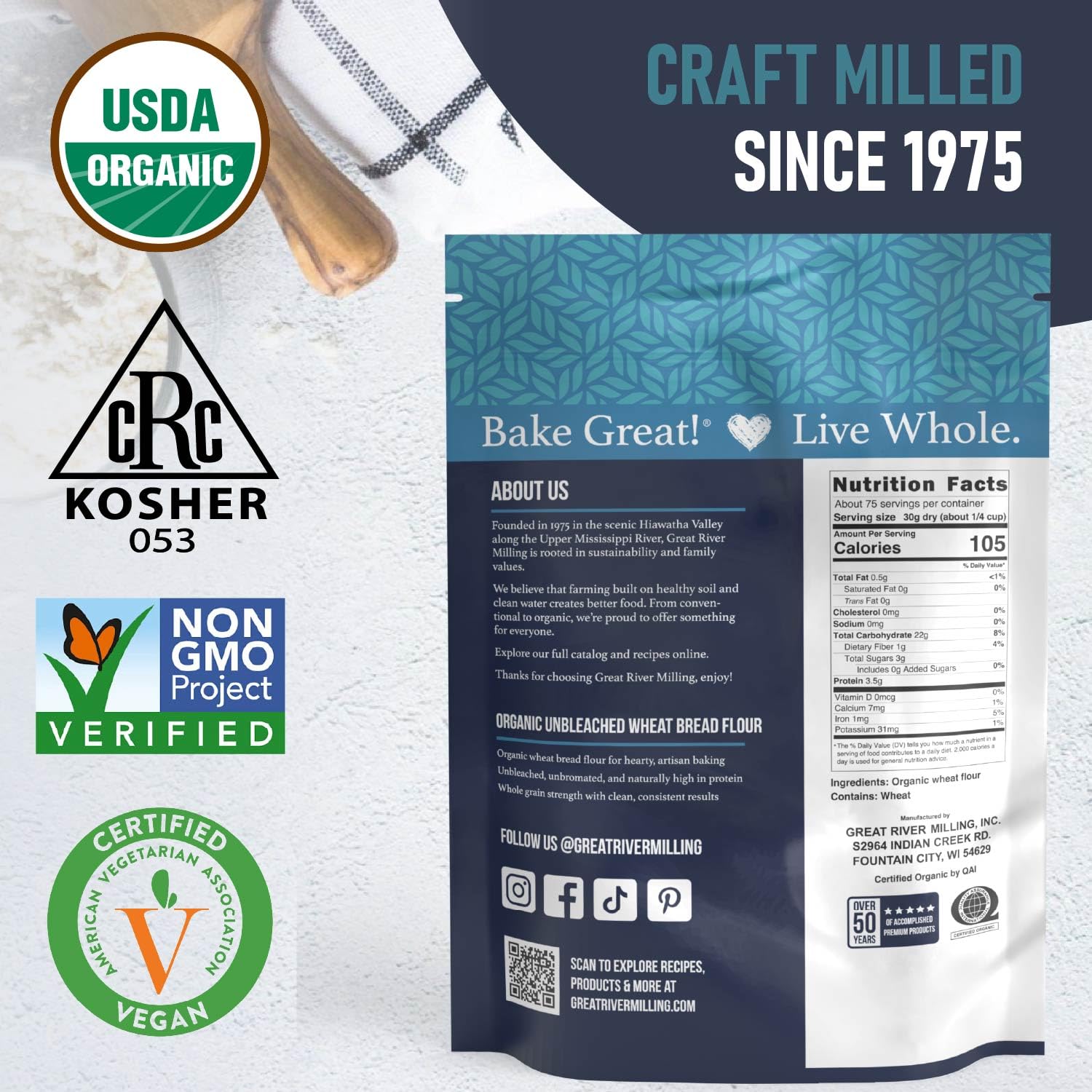 Great River Milling Organic Bread Flour, Unbleached, 25 lb