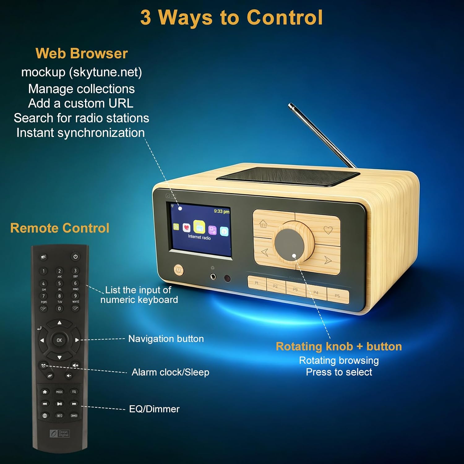 Ocean Digital WR-393 WiFi Internet Radio with FM, Podcast, Bluetooth Speaker, 3.5" Color Display, 30, 000+ Stations, UPnP/DLNA Streaming