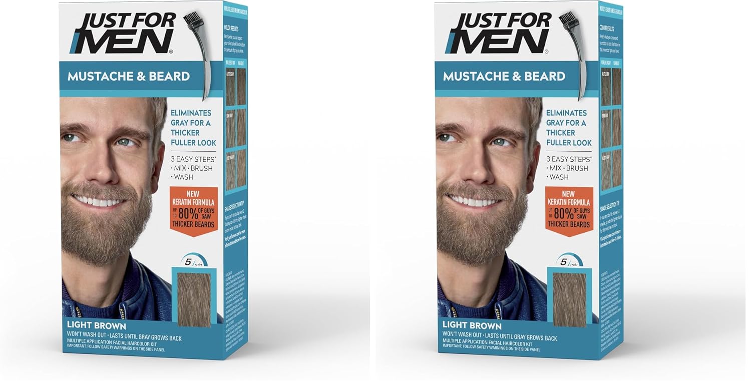 JUST FOR MEN Mustache & Beard Dye, Keratin, Light Brown M-25 (1 Pack) | Mustache & Beard color light brown designed for facial hair to instantly eliminate gray. Enhanced with keratin & biotin.