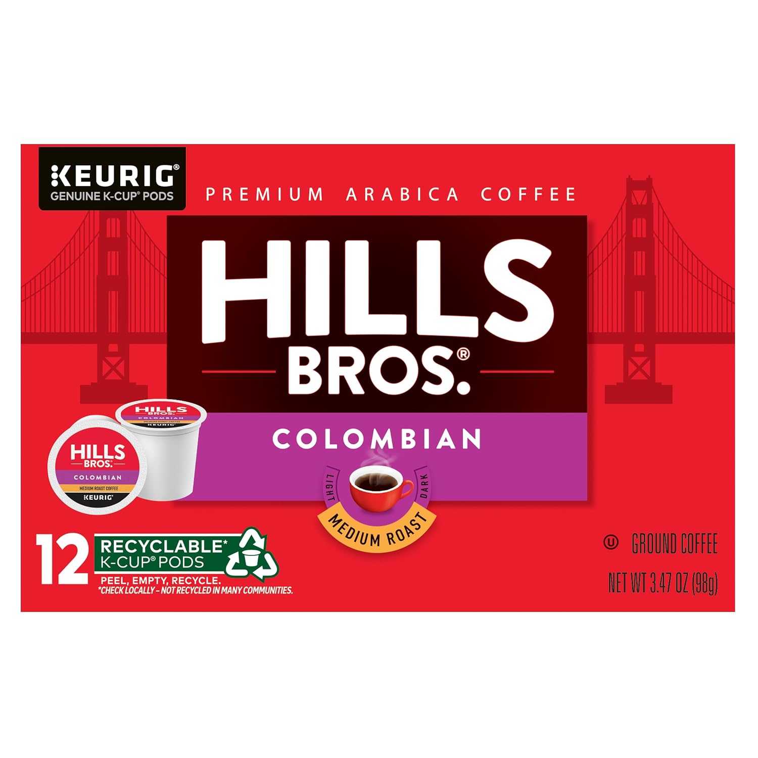 Hills Bros Single Serve Coffee Pods, 100% Colombian Ground Coffee, Medium Roast, 12 Count – Keurig Compatible, Roasted 100% Arabica Beans, Smooth Balanced Flavor