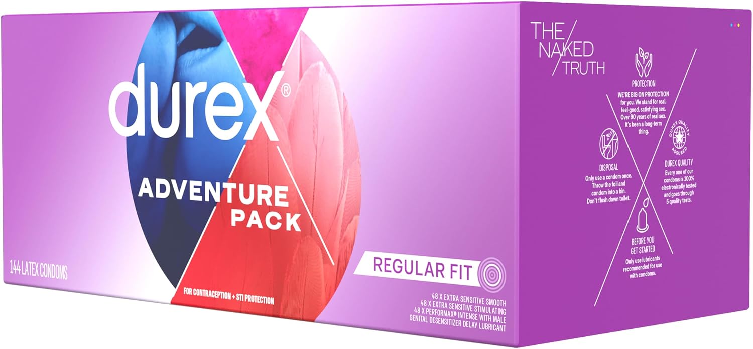 Durex Pleasure Pack Assorted Thin Condoms, Exciting Mix of Sensation and Stimulation, Lubricated Natural Rubber Latex Condoms for Men, 42 Count