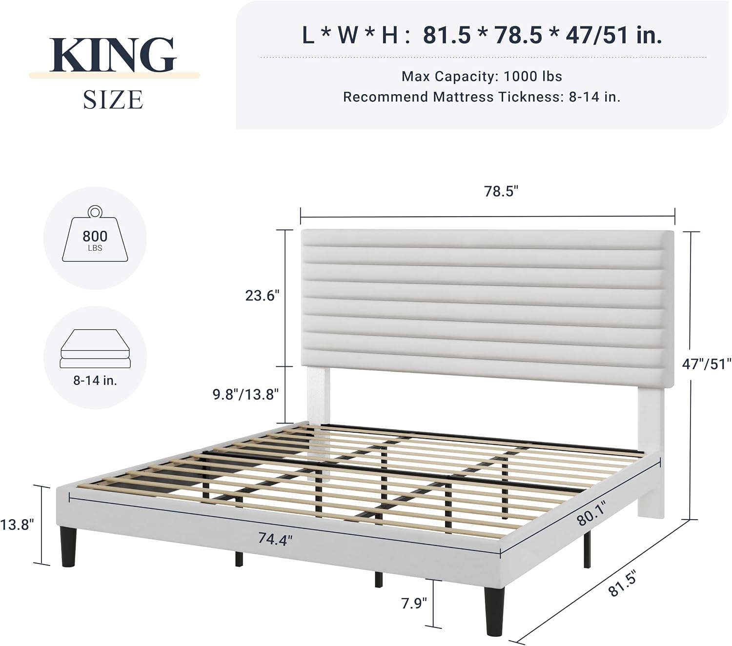 Allewie Queen Bed Frame, Velvet Upholstered Platform Bed with Adjustable Headboard, Horizontal Channel Design, Wood Slat Support, No Box Spring Needed, Noise Free, Easy Assembly, White