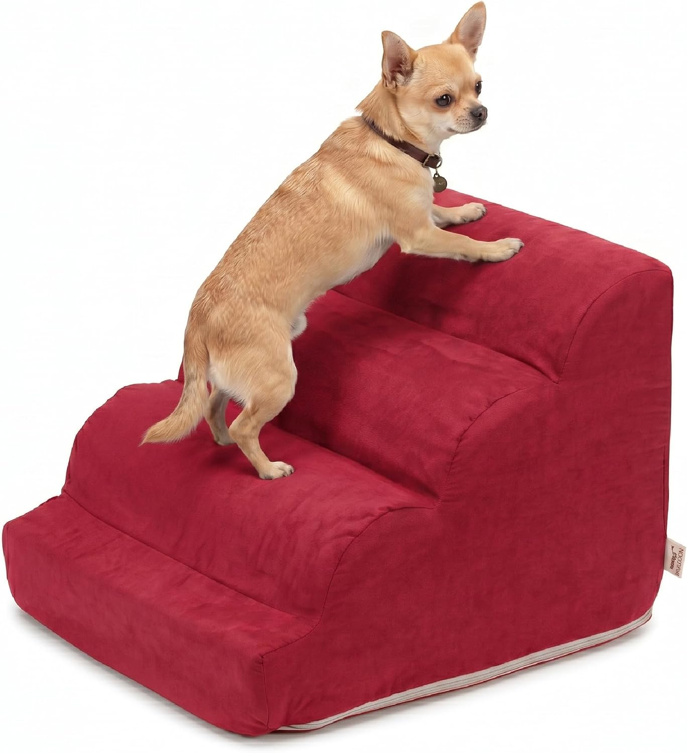 Snoozer Scalloped Dog Ramp, 14” Tall Foam Pet Stairs, 3 Steps, Red | Lightweight & portable foam dog stairs, Removable washable cover, Great for small, old, or injured pets up to 100lbs