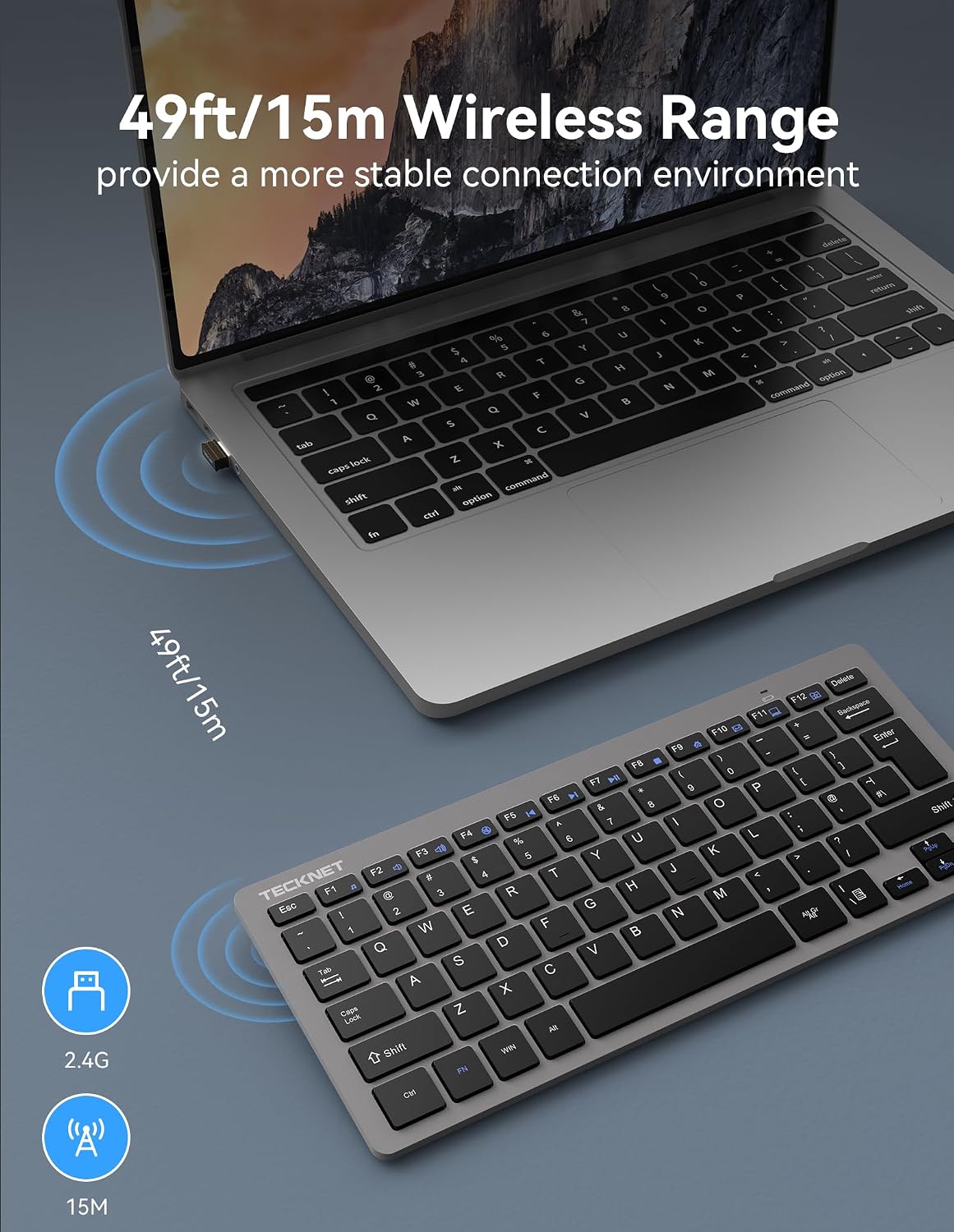 TECKNET 2.4G Wireless Keyboard - Mini Compact Keyboard with Media Hotkeys, 12-Month Battery Life, Compatible with PC, Desktop, Laptop, Smart TV - Black