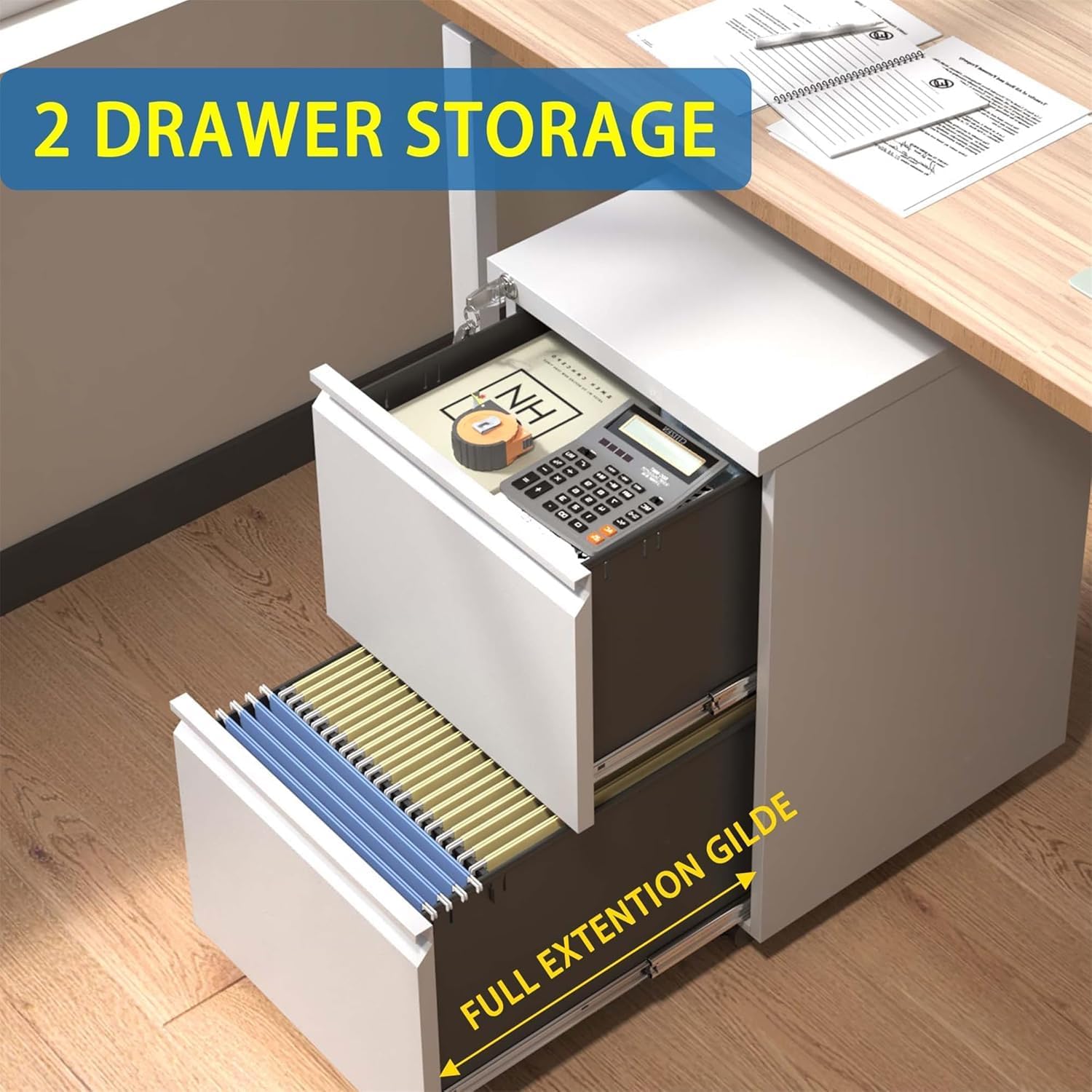 Guizeeopo 3 Drawer File Cabinet with Lock, File Cabinets for Home Office,Under Desk Cabinet, Locking File Cabinet for A4/Letter/Legal, Fully Assembled Expect Casters, Matte White