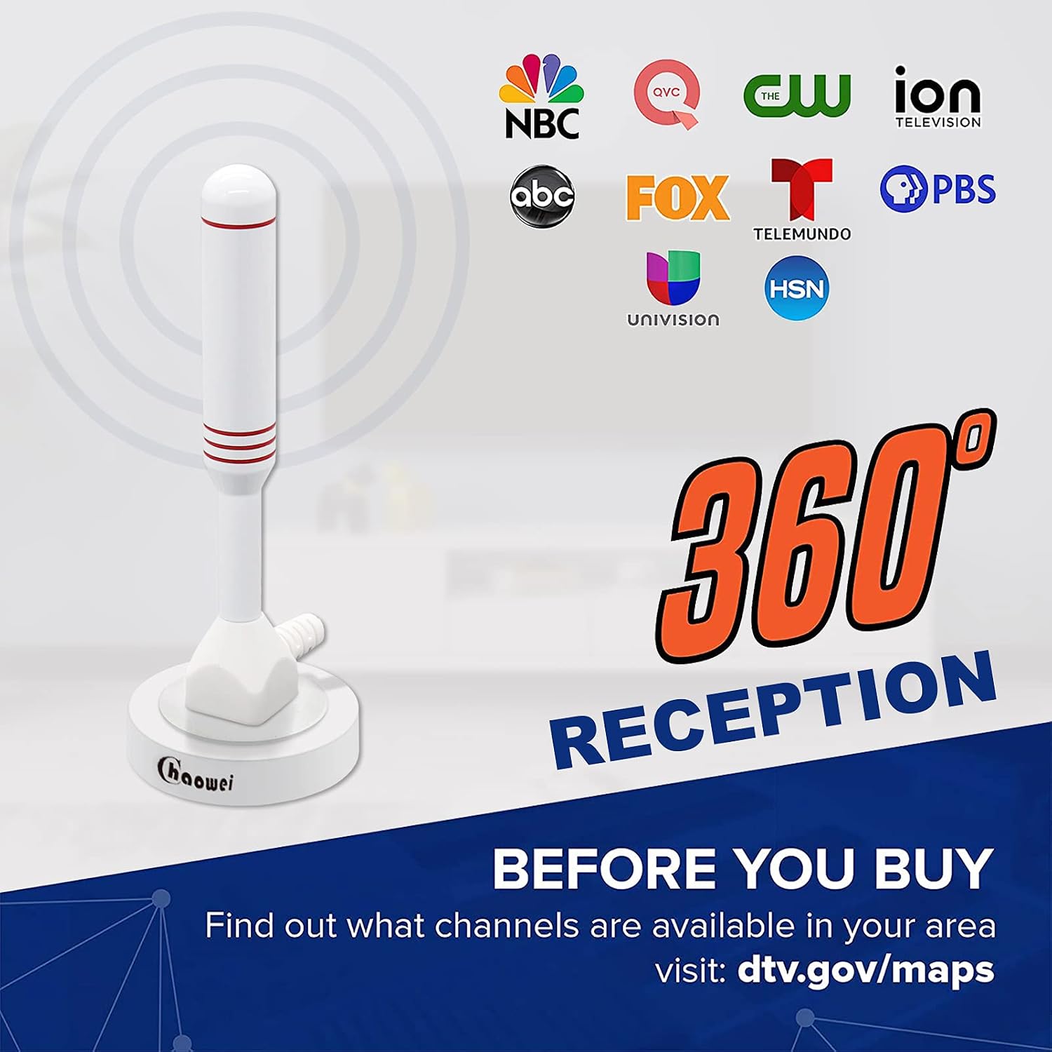 Chaowei 2026 TV Antenna for Smart TV Indoor (16.5ft) Cable | Long Range HD Digital Antenna for Local Channels with Strong Magnetic Base, 360° Reception, Supports 4K 1080P HDTV