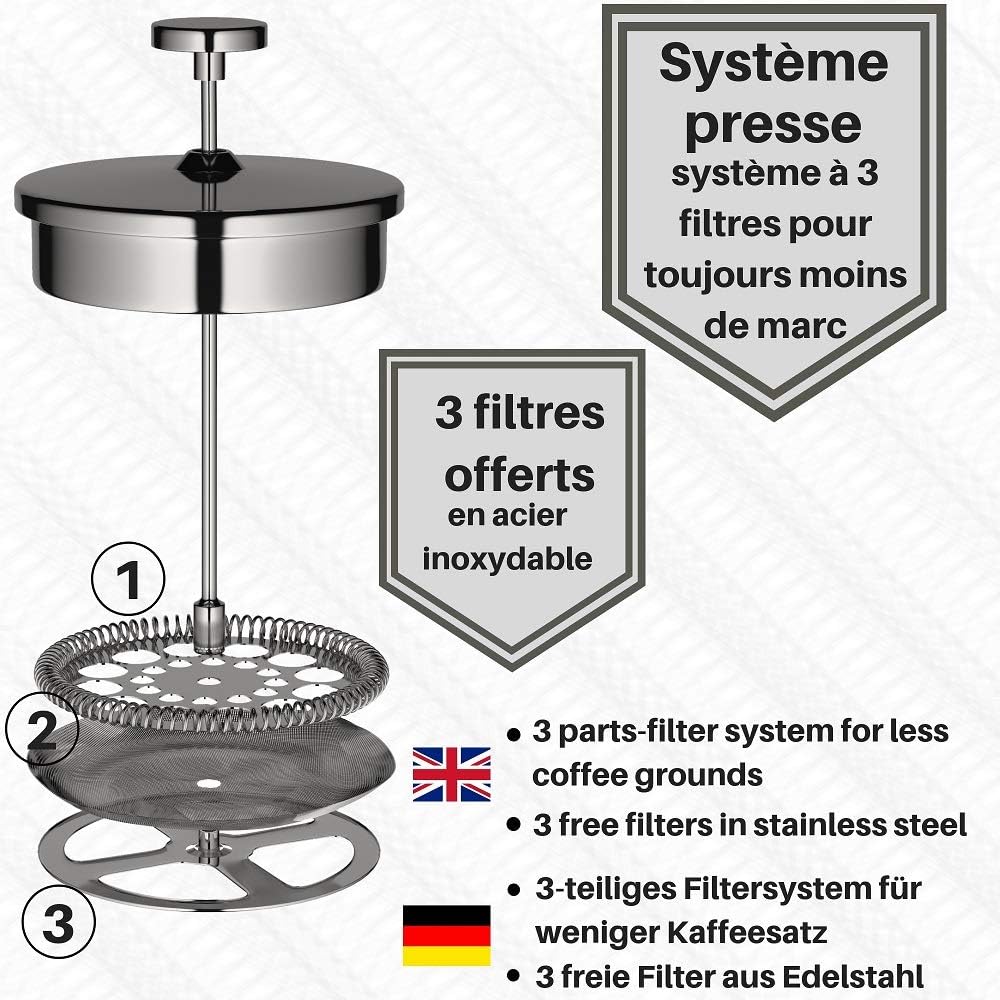 VeoHome - 0.75 litre plunger - Unbreakable and keeps the coffee hot for a long time thanks to its double stainless steel shell