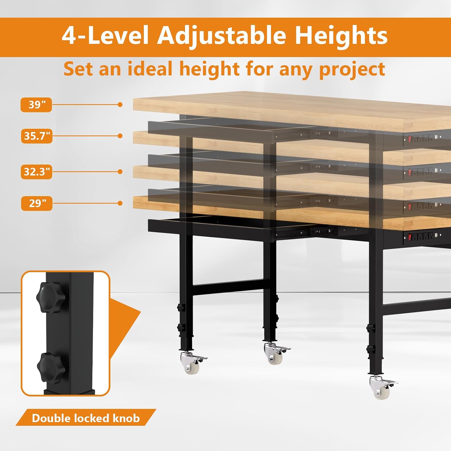 48" Heavy Duty Work Bench with Drawers, Adjustable Height Workbench with Wheels, 2000 LBS Capacity Work Table with Power Outlets for Garage, Workshop, Office, Home