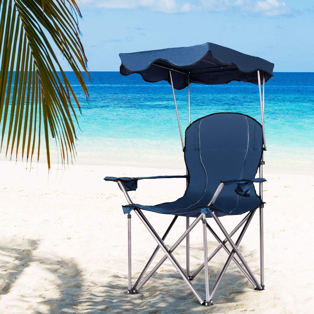 Goplus Camping Chair with Canopy Shade, Folding Lawn Chair with Umbrella Cup Holder & Carry Bag, Portable Sunshade Chair for Adults for Beach Outdoor Travel Hiking Fishing (Red)
