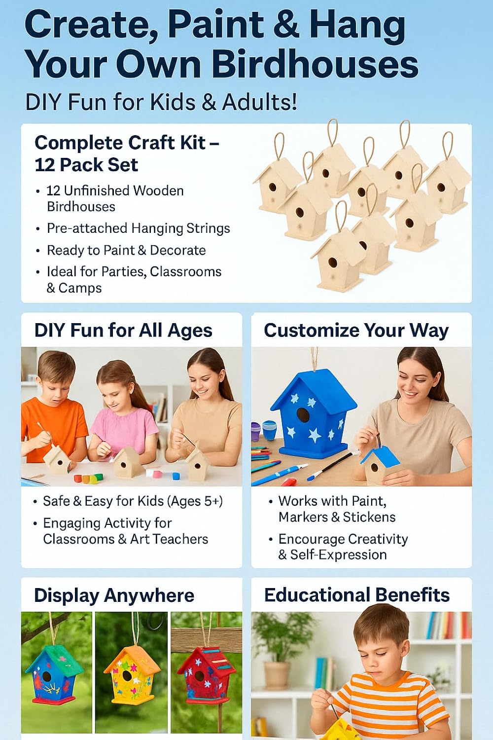 12 Pack DIY Bird House Kits for Kids to Paint, Unfinished Wooden Birdhouse | Bulk Birdhouses for Adults, Fully Assembled Ready to Decorate