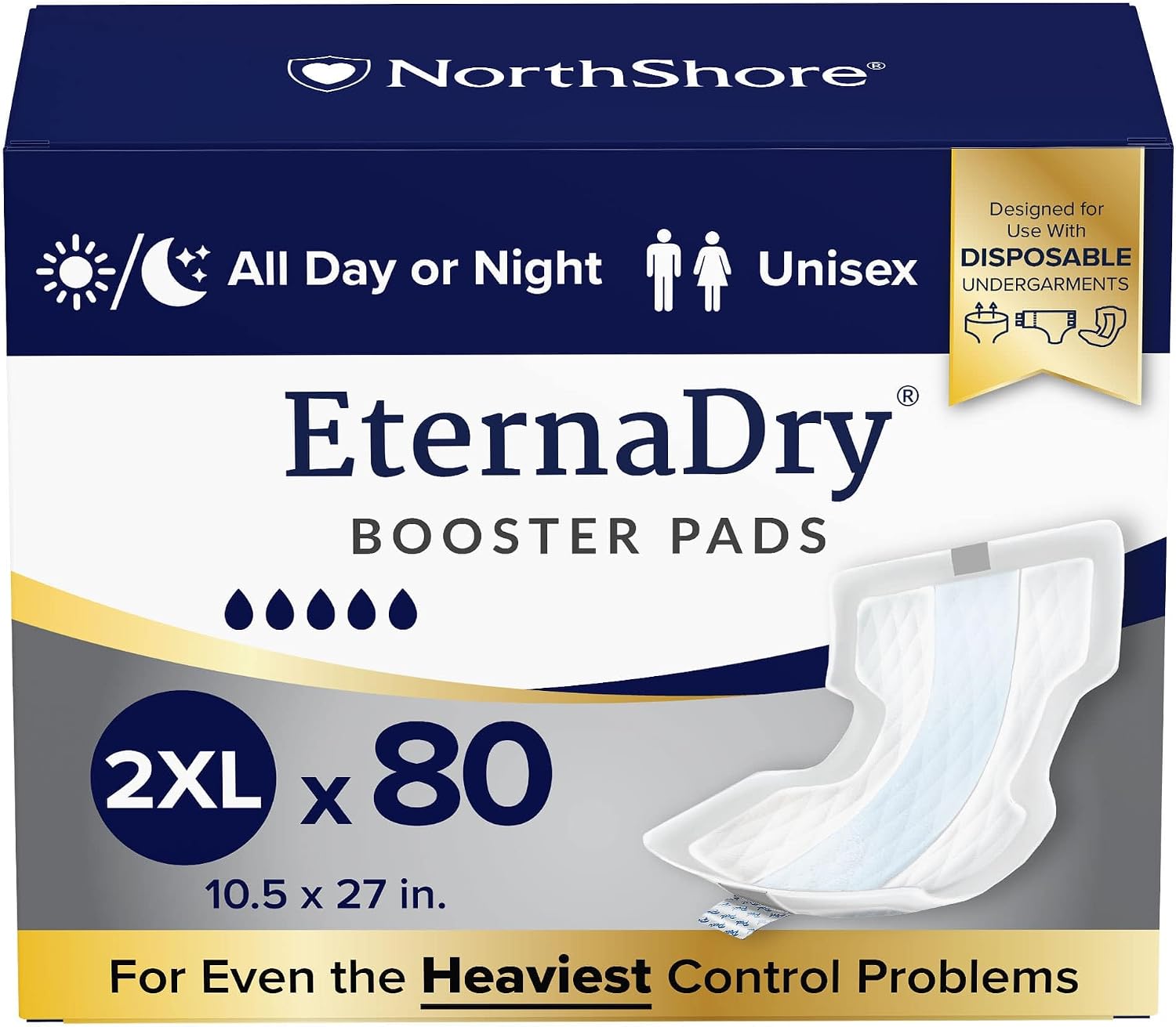 NorthShore EternaDry Booster Pads with Adhesive, Large, 30 Count | Diaper Doublers for Men and Women, Extended Leak Protection, Overnight Heavy Bladder Leaks, Minimize Changes, 6x16 in.