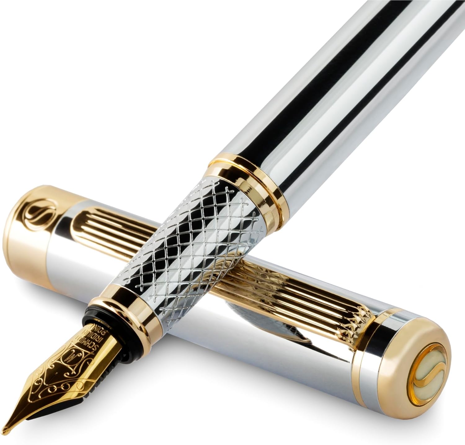Scriveiner Silver Chrome Fountain Pen - Stunning Luxury Pen, Real Gold Finish Schmidt Gilded Nib (Medium), Best Pen Gift Set for Men & Women