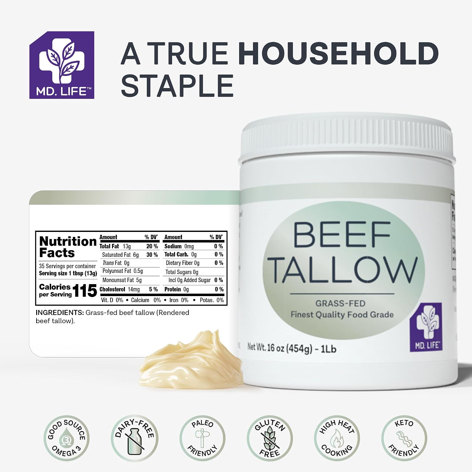 MD. Life Beef Tallow for Cooking - Food Grade Grass Fed Beef Tallow for Cooking Oil Replacement - 28 Ounce - Pasture Raised Keto Friendly Beef Tallow- Used to Make Candles & Soap