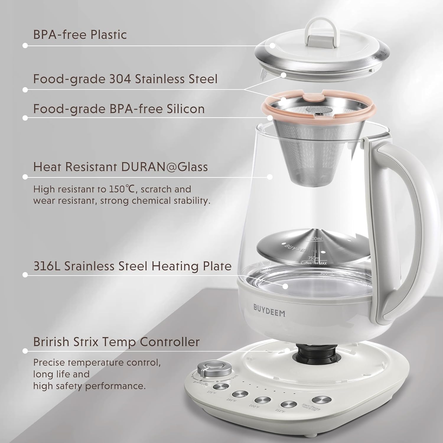 BUYDEEM K2423 Tea Maker, 5 Temperature Settings, Removable Infuser, 1.2L