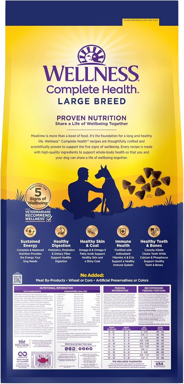 Wellness Complete Health Large Breed Puppy Dry Dog Food, Wholesome Grain Kibble, Natural, Chicken, Brown Rice and Salmon Meal Recipe, 30 lb Bag