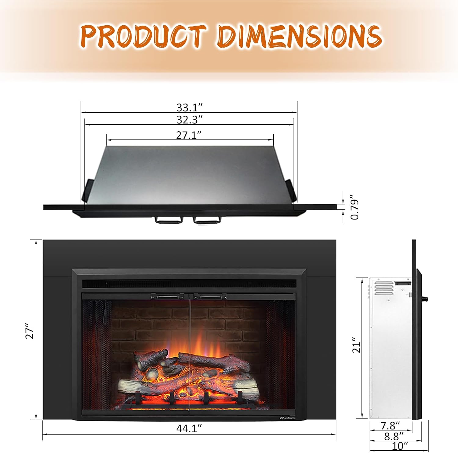PuraFlame Klaus Electric Fireplace Insert with Fire Crackling Sound, Glass Door and Mesh Screen, 750/1500W, Black, 29 15/16 Inches Wide