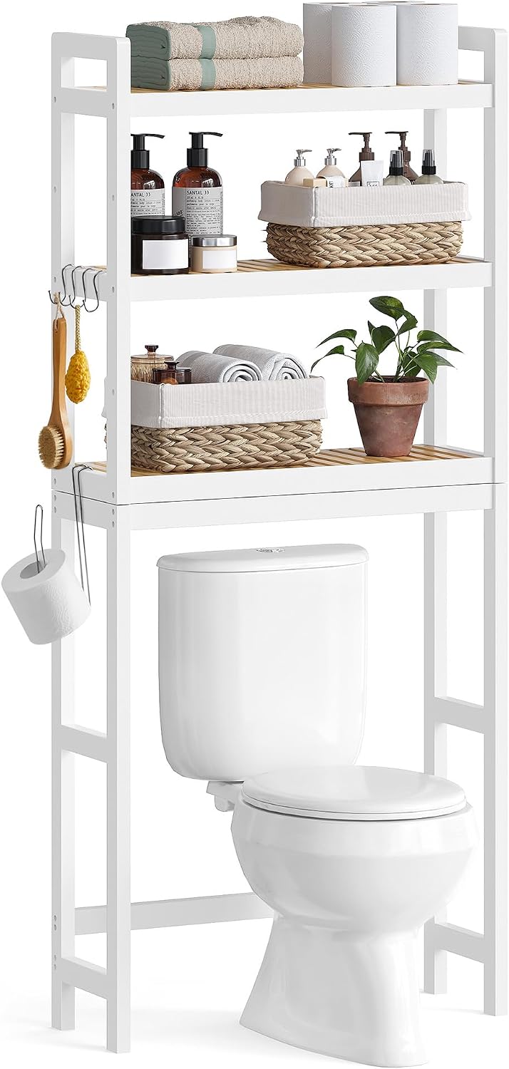 SONGMICS Over The Toilet Storage, 3-Tier Over Toilet Bathroom Organizer with Adjustable Shelf, 10.2 x 24.8 x 66.9 Inches, Space-Saving, Cloud White UBTS01WT
