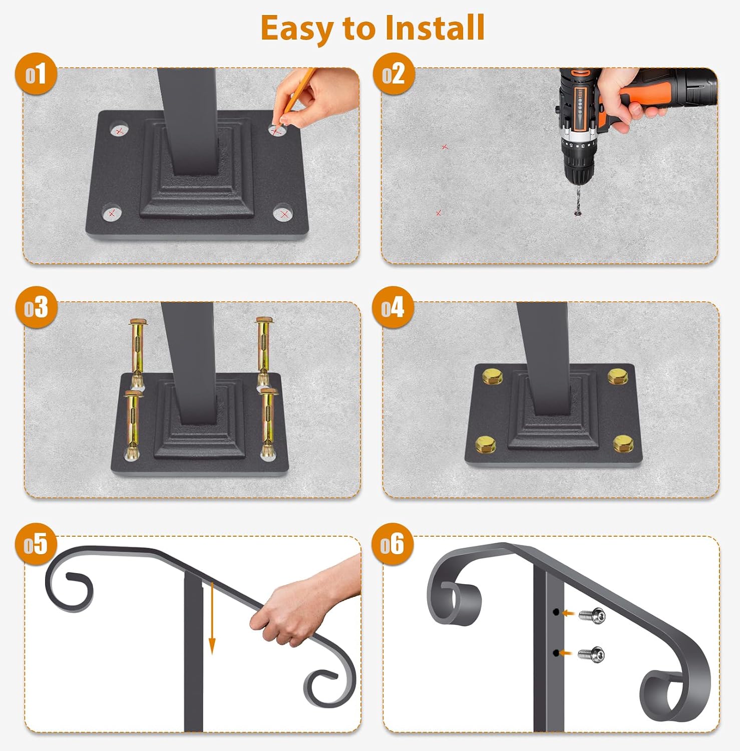Wrought Iron Handrail 38.8" H, Single Post Handrail Fits 1 or 2 Steps