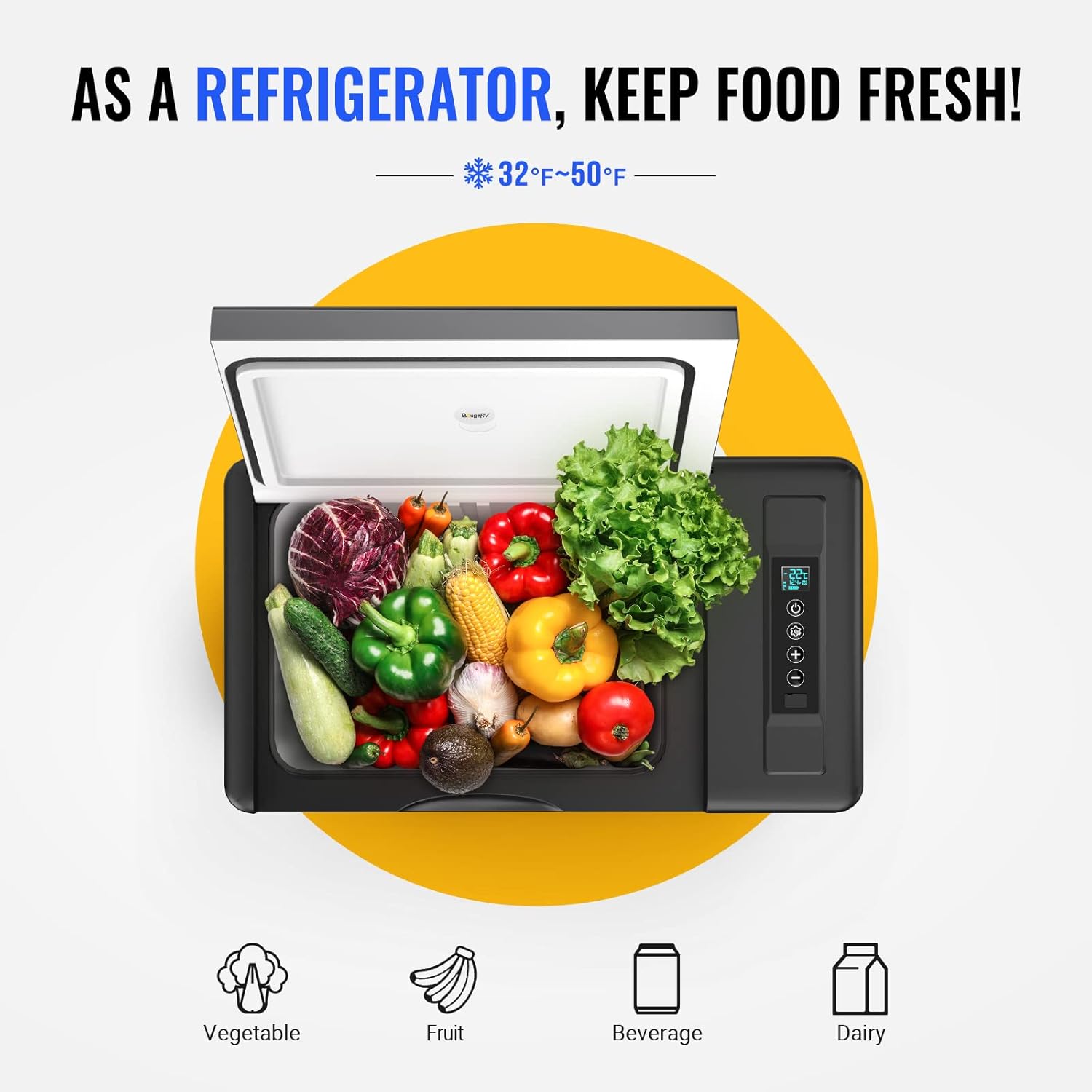 BougeRV 12v refrigerator 23 Quart, -8℉~50℉ Portable Freezer for Car, Grey