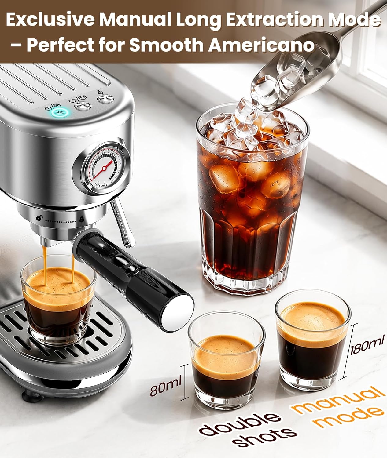 atatix 20 Bar Espresso Machine with Milk Frother, Compact Espresso Maker | Stainless Steel Coffee Machine with Precise Temp Control, 44oz Removable Water Tank for Latte, Cappuccino, White